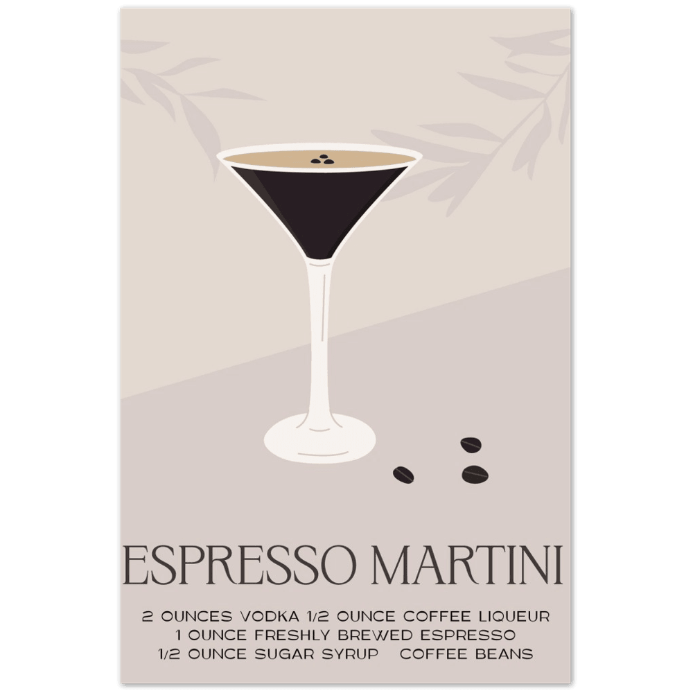 Espresso Martini Poster: Stilvolles Cocktailbar-Poster für Zuhause! - Printree.ch alkohol, bar, blaue lagune, cocktail, eis, erfrischung, flüssigkeit, frisch, getränk, glas, hintergrund, illustration, isoliert, kalt, kirsche, lebensmittel, limette, limonade, martini, minze, obst, orange, pina colada, saft, sommer, süss, tropisch, wein, zitrone